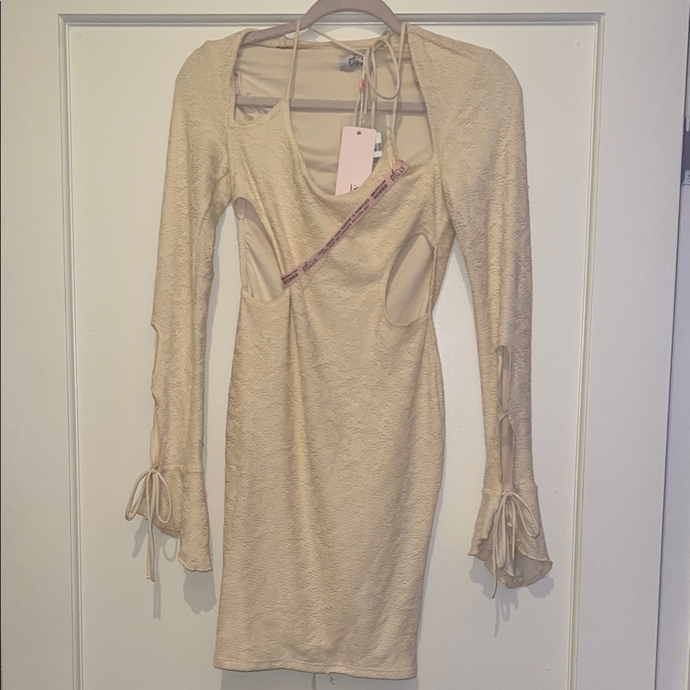 Oh Polly Beige Cutout Long Sleeve Bodycon Dress - Picture 2 of 2